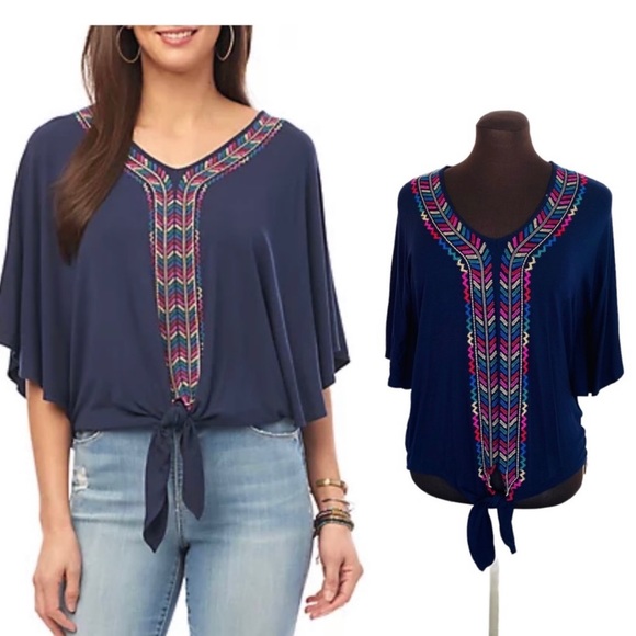 Democracy Blue Embroidered Front Toe Blouse - Picture 2 of 10